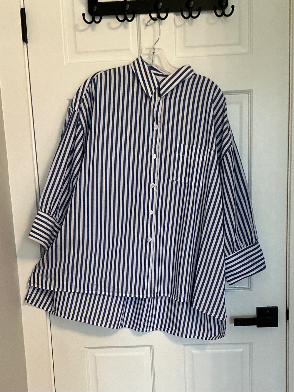 Pomander Place Navy and White Vertical Stripe Button-Down Shirt